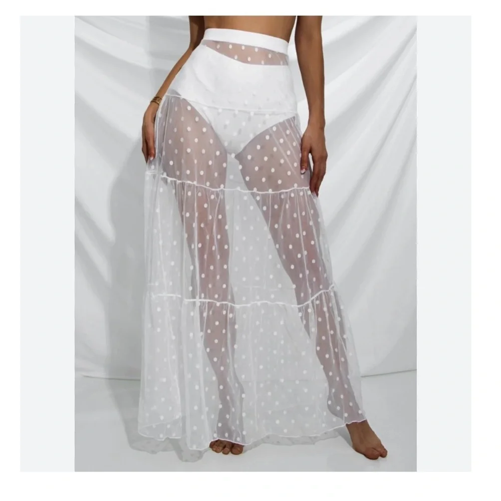 SHEIN white polka dot sheer mesh maxi skirt NWOT large - Picture 1 of 7